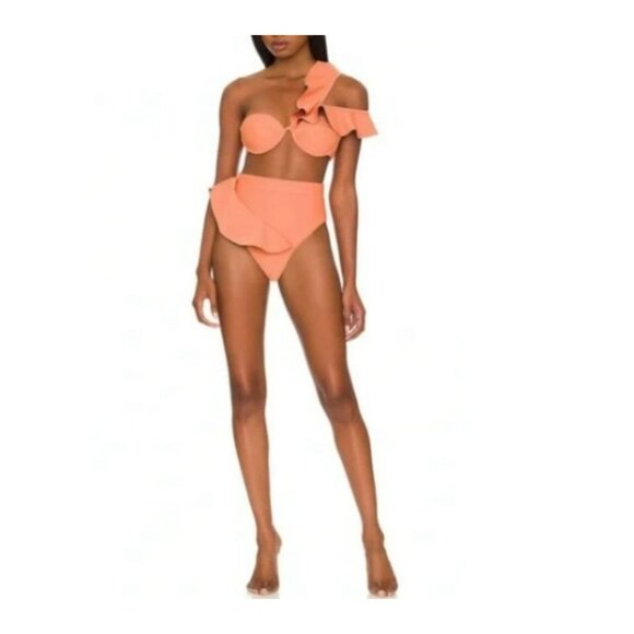 NWT Andrea Iyamah Kiara High Rise Two-Tone Ruffle Bikini Bottom Peach/Deep Red - Picture 3 of 16